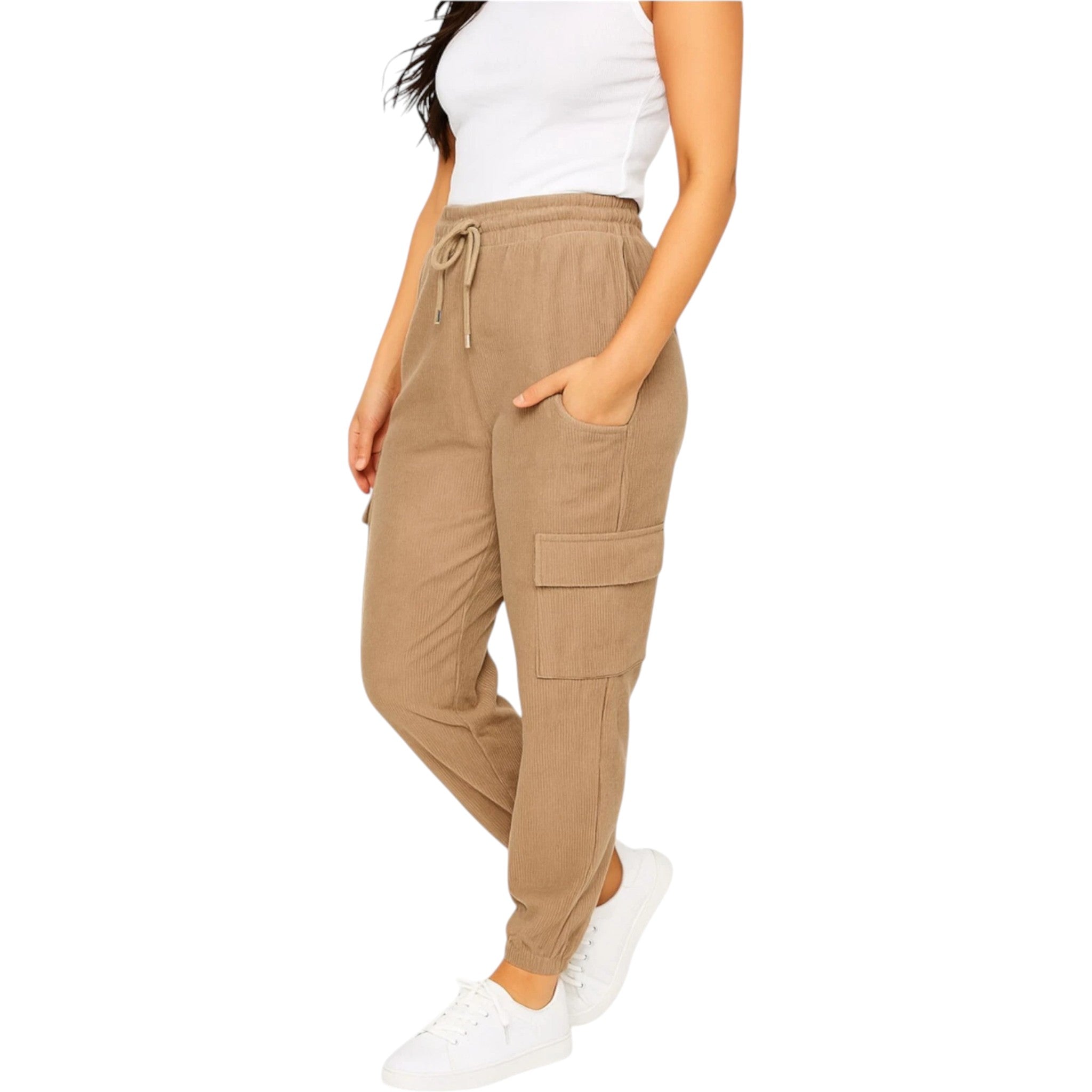 Ladies beige cord cargo joggers with pockets – casual relaxed fit